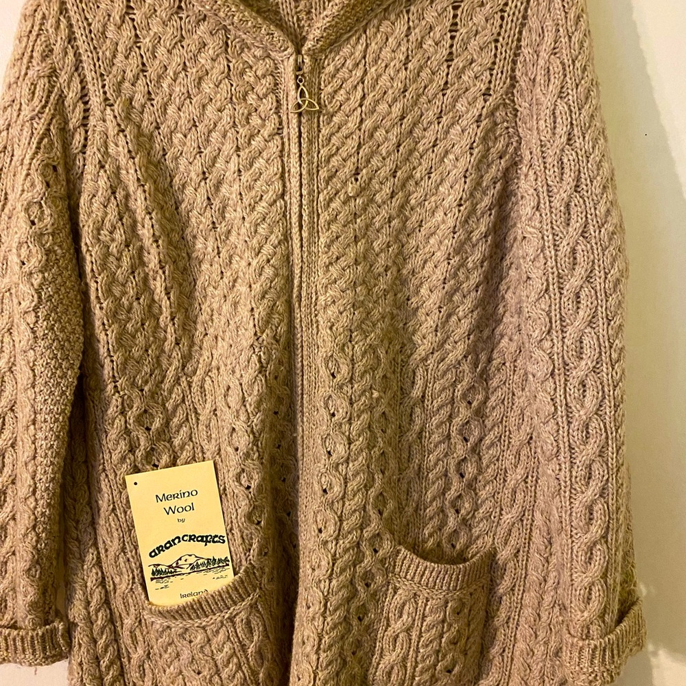 Aran Crafts Merino Wool Coatigan w/Celtic Knot Zipper Pull